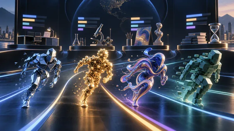 原创概念图:多款前沿人工智能在科学、专业工作、创作和长任务赛道展开对比